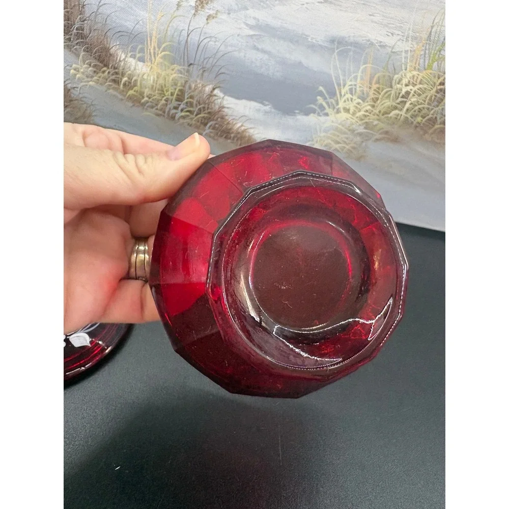 Vintage Ruby Red Glass Candy Dish Han Painted Floral Signed R Pau 1979 F